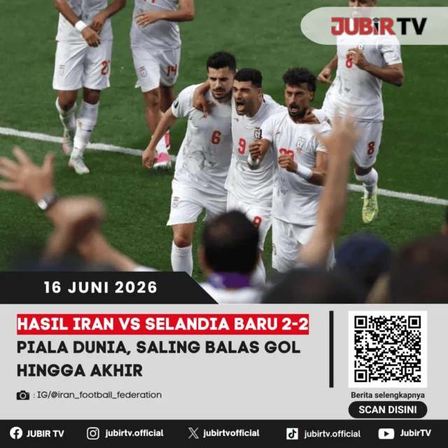 Iran dan Selandia Baru harus puas berbagi poin setelah bermain imbang 2-2 dalam laga dramatis Grup G Piala Dunia 2026. Selandia Baru dua kali unggul lewat aksi Elijah Just, namun Team Melli selalu mampu bangkit dan menyamakan kedudukan hingga peluit akhir berbunyi.

Bagaimana drama saling balas gol itu terjadi hingga membuat persaingan Grup G semakin sengit?

📌 𝐈𝐧𝐟𝐨 𝐥𝐞𝐧𝐠𝐤𝐚𝐩𝐧𝐲𝐚 𝐜𝐞𝐤 𝐝𝐢 𝐬𝐭𝐨𝐫𝐲 & 𝐬𝐨𝐫𝐨𝐭𝐚𝐧

#jubirtv #jubirtvnewscom #pialadunia2026 #iranvsselandiabaru #iran #selandiabaru #teammelli #allwhites #elijahjust #mehditaremi #fifaworldcup #worldcup2026