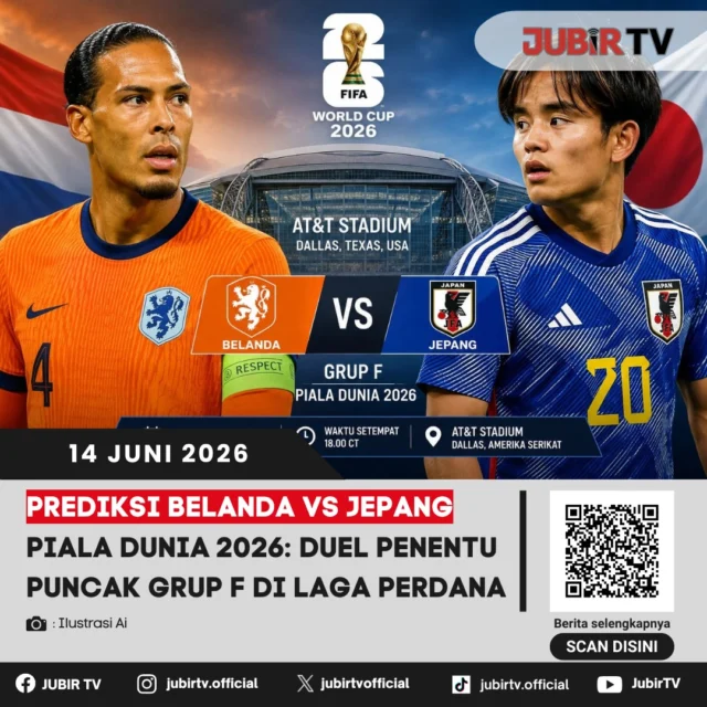 Belanda dan Jepang akan langsung saling bentrok pada laga pembuka Grup F Piala Dunia 2026 dalam duel yang diprediksi berlangsung ketat. De Oranje datang dengan status unggulan berbekal pengalaman dan materi pemain bintang seperti Virgil van Dijk, Frenkie de Jong, hingga Memphis Depay. Sementara Samurai Biru siap memberikan kejutan lewat permainan cepat, disiplin, dan kolektivitas yang menjadi ciri khas mereka.

Laga ini berpotensi menjadi penentu perebutan puncak klasemen Grup F. Jepang yang sukses mencuri perhatian dalam beberapa edisi terakhir diyakini mampu merepotkan Belanda, sehingga pertandingan diprediksi berlangsung sengit sejak menit pertama.

📌 𝐈𝐧𝐟𝐨 𝐥𝐞𝐧𝐠𝐤𝐚𝐩𝐧𝐲𝐚 𝐜𝐞𝐤 𝐝𝐢 𝐬𝐭𝐨𝐫𝐲 & 𝐬𝐨𝐫𝐨𝐭𝐚𝐧

#jubirtv #jubirtvnewscom #pialadunia2026 #belanda #jepang #onsoranje #samuraiblue #takefusakubo #fifaworldcup #prediksibola #beritabola #worldcup2026