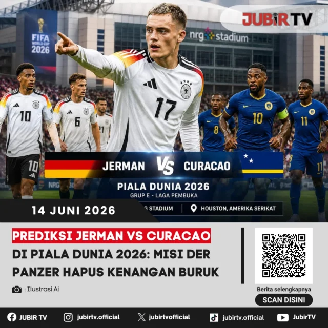 Jerman akan mengawali perjuangannya di Piala Dunia 2026 dengan menghadapi debutan Curaçao pada laga perdana Grup E. Der Panzer membawa misi besar untuk menghapus kenangan buruk setelah dua edisi sebelumnya gagal melangkah dari fase grup. Tim asuhan Julian Nagelsmann diprediksi mengandalkan kreativitas Florian Wirtz dan ketajaman Kai Havertz untuk mengamankan tiga poin pertama.

Meski lebih diunggulkan di atas kertas, Jerman tetap diminta waspada terhadap semangat juang Curaçao yang tampil tanpa beban pada debut bersejarah mereka di Piala Dunia. Kemenangan di laga pembuka dinilai krusial untuk membangun kepercayaan diri dan menjaga peluang lolos ke fase gugur.

📌 𝐈𝐧𝐟𝐨 𝐥𝐞𝐧𝐠𝐤𝐚𝐩𝐧𝐲𝐚 𝐜𝐞𝐤 𝐝𝐢 𝐬𝐭𝐨𝐫𝐲 & 𝐬𝐨𝐫𝐨𝐭𝐚𝐧

#jubirtv #jubirtvnewscom #pialadunia2026 #jerman #curacao #derpanzer #kaihavertz #florianwirtz #fifaworldcup #prediksibola #beritabola #worldcup2026