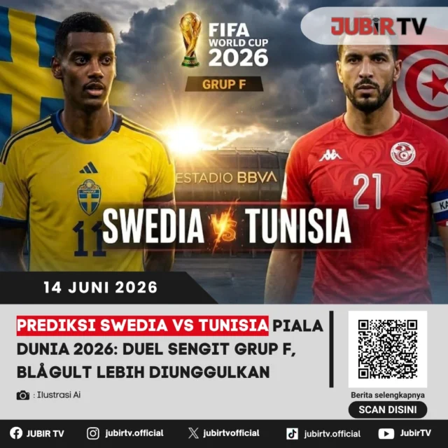 Swedia akan menghadapi Tunisia pada laga perdana Grup F Piala Dunia 2026 dalam duel yang diprediksi berlangsung ketat. Blågult sedikit lebih diunggulkan berkat lini serang tajam yang dihuni Alexander Isak dan Viktor Gyökeres, sementara Tunisia datang dengan modal pertahanan disiplin yang sempat mencatatkan rekor tanpa kebobolan sepanjang babak kualifikasi.

Bagi kedua tim, kemenangan di laga pembuka sangat penting untuk menjaga peluang lolos ke fase gugur di grup yang juga dihuni Belanda dan Jepang. Swedia ingin memulai kebangkitan di panggung dunia, sedangkan Tunisia berambisi menciptakan sejarah dengan melangkah lebih jauh dari pencapaian sebelumnya.

📌 𝐈𝐧𝐟𝐨 𝐥𝐞𝐧𝐠𝐤𝐚𝐩𝐧𝐲𝐚 𝐜𝐞𝐤 𝐝𝐢 𝐬𝐭𝐨𝐫𝐲 & 𝐬𝐨𝐫𝐨𝐭𝐚𝐧

#jubirtv #jubirtvnewscom #pialadunia2026 #swedia #tunisia #alexanderisak #viktorgyokeres #hannibalmejbri #fifaworldcup #prediksibola #beritabola #worldcup2026