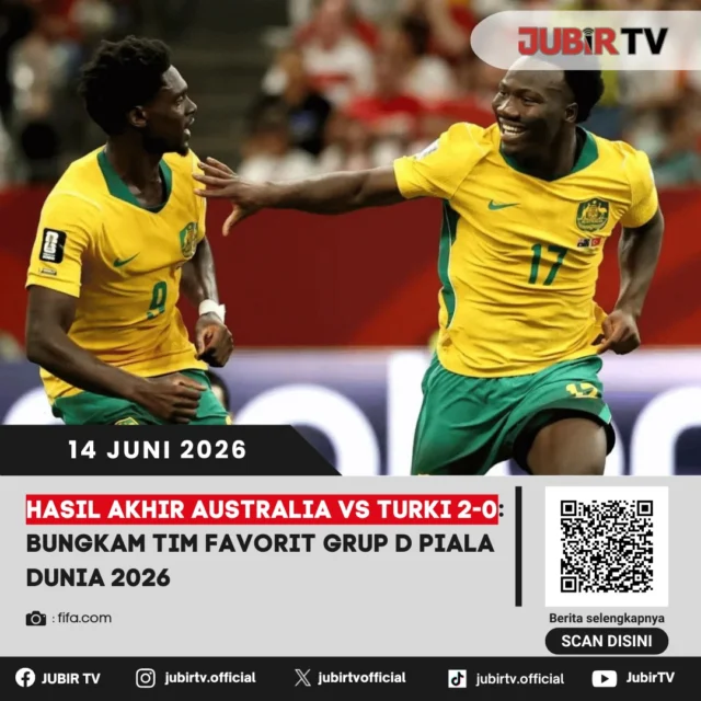 Australia membuat kejutan besar di Grup D Piala Dunia 2026. Socceroos sukses membungkam Turki 2-0 lewat gol Nestory Irankunda dan Connor Metcalfe. Hasil ini sekaligus meruntuhkan status Turki sebagai salah satu favorit grup dan membuka peluang Australia melangkah ke fase gugur.

📌 𝐈𝐧𝐟𝐨 𝐥𝐞𝐧𝐠𝐤𝐚𝐩𝐧𝐲𝐚 𝐜𝐞𝐤 𝐝𝐢 𝐬𝐭𝐨𝐫𝐲 & 𝐬𝐨𝐫𝐨𝐭𝐚𝐧

#jubirtv #jubirtvnewscom #pialadunia2026 #australia #turki #hasilpialadunia #beritabola #worldcup2026 #sepakbola #updatebola #grupd #fifaworldcup