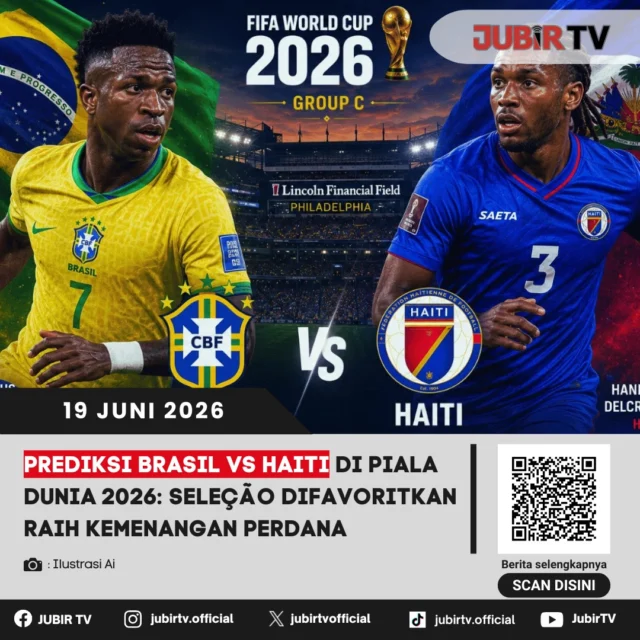 Brasil memburu kemenangan perdana saat menghadapi Haiti dalam lanjutan Grup C Piala Dunia 2026. Selecao lebih difavoritkan berkat kualitas skuad dan kedalaman pemain yang dimiliki, terlebih setelah gagal meraih kemenangan pada laga pembuka.

Di atas kertas, Brasil memiliki peluang besar untuk mengamankan tiga poin. Namun Haiti bertekad memberikan kejutan dan mencuri hasil positif demi menjaga asa lolos ke fase berikutnya. Mampukah Vinicius Junior dan kolega meraih kemenangan pertama mereka di turnamen ini?

📌 𝐈𝐧𝐟𝐨 𝐥𝐞𝐧𝐠𝐤𝐚𝐩𝐧𝐲𝐚 𝐜𝐞𝐤 𝐝𝐢 𝐬𝐭𝐨𝐫𝐲 & 𝐬𝐨𝐫𝐨𝐭𝐚𝐧

#jubirtv #jubirtvnewscom #pialadunia2026 #brasilvshaiti #brasil #haiti #selecao #viniciusjunior #prediksibola #fifaworldcup #worldcup2026 #beritabola