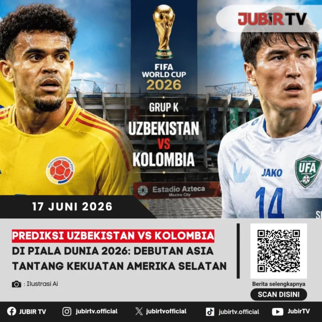 Uzbekistan menghadapi ujian berat saat menjalani laga perdana Piala Dunia 2026 melawan Kolombia. Debutan asal Asia Tengah itu berambisi mencetak sejarah, namun harus berhadapan dengan salah satu kekuatan sepak bola Amerika Selatan yang diperkuat sejumlah pemain berpengalaman.

Mampukah Uzbekistan membuat kejutan di debut Piala Dunianya, atau justru Kolombia menunjukkan kelasnya sebagai tim unggulan Grup K?

📌 𝐈𝐧𝐟𝐨 𝐥𝐞𝐧𝐠𝐤𝐚𝐩𝐧𝐲𝐚 𝐜𝐞𝐤 𝐝𝐢 𝐬𝐭𝐨𝐫𝐲 & 𝐬𝐨𝐫𝐨𝐭𝐚𝐧

#jubirtv #jubirtvnewscom #pialadunia2026 #uzbekistanvskolombia #uzbekistan #kolombia #luisdiaz #jamesrodriguez #fifaworldcup #prediksibola #worldcup2026 #beritabola