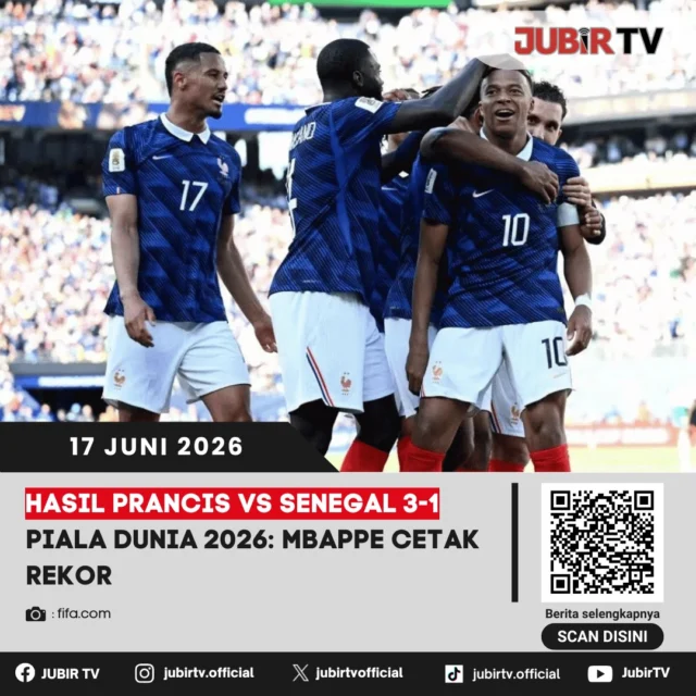 Prancis membuka langkah di Piala Dunia 2026 dengan kemenangan 3-1 atas Senegal. Kylian Mbappe menjadi bintang lapangan setelah mencetak dua gol sekaligus menorehkan rekor baru bersama Les Bleus.

Rekor apa yang berhasil dipecahkan Mbappe dan bagaimana jalannya pertandingan hingga Prancis mengamankan tiga poin perdana?

📌 𝐈𝐧𝐟𝐨 𝐥𝐞𝐧𝐠𝐤𝐚𝐩𝐧𝐲𝐚 𝐜𝐞𝐤 𝐝𝐢 𝐬𝐭𝐨𝐫𝐲 & 𝐬𝐨𝐫𝐨𝐭𝐚𝐧

#jubirtv #jubirtvnewscom #pialadunia2026 #prancisvssenegal #kylianmbappe #lesbleus #senegal #fifaworldcup #hasilpertandingan #worldcup2026 #beritabola #sepakboladunia