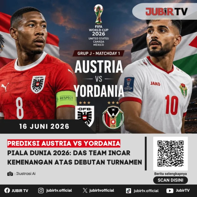 Austria mengusung misi meraih tiga poin saat menghadapi debutan Yordania di laga perdana Grup H Piala Dunia 2026. Das Team lebih diunggulkan berkat pengalaman serta materi pemain yang dihuni sejumlah nama seperti Marcel Sabitzer dan Christoph Baumgartner.

Namun, Yordania dipastikan tak datang hanya sebagai pelengkap. Wakil Asia itu siap menciptakan kejutan dan mengukir sejarah di penampilan perdana mereka di Piala Dunia. Mampukah Austria memenuhi ekspektasi atau justru Yordania menghadirkan drama di laga pembuka?

📌 𝐈𝐧𝐟𝐨 𝐥𝐞𝐧𝐠𝐤𝐚𝐩𝐧𝐲𝐚 𝐜𝐞𝐤 𝐝𝐢 𝐬𝐭𝐨𝐫𝐲 & 𝐬𝐨𝐫𝐨𝐭𝐚𝐧

#jubirtv #jubirtvnewscom #pialadunia2026 #austriavsyordania #austria #yordania #dasteam #marcelsabitzer #fifaworldcup #prediksibola #worldcup2026 #beritabola