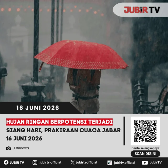 Badan Meteorologi, Klimatologi, dan Geofisika (BMKG) memprakirakan cuaca di wilayah Jawa Barat pada Selasa (16/6/2026) umumnya cerah berawan sejak pagi hari. Namun, masyarakat perlu mewaspadai potensi hujan ringan yang berpeluang turun pada siang hingga sore hari di sejumlah daerah.

Warga yang beraktivitas di luar ruangan diimbau untuk tetap memantau informasi cuaca terkini dan menyiapkan perlengkapan seperti payung atau jas hujan guna mengantisipasi perubahan cuaca yang dapat terjadi sewaktu-waktu. Tetap waspada terhadap kondisi jalan licin saat hujan turun agar aktivitas tetap aman dan lancar.

📌 𝐈𝐧𝐟𝐨 𝐥𝐞𝐧𝐠𝐤𝐚𝐩𝐧𝐲𝐚 𝐜𝐞𝐤 𝐝𝐢 𝐬𝐭𝐨𝐫𝐲 & 𝐬𝐨𝐫𝐨𝐭𝐚𝐧

#jubirtv #jubirtvnewscom #cuacajabar #prakiraancuaca #bmkg #cuacahariini #jawabarat #infocuaca #hujanringan #cuacaterkini #beritajabar #infoterkini