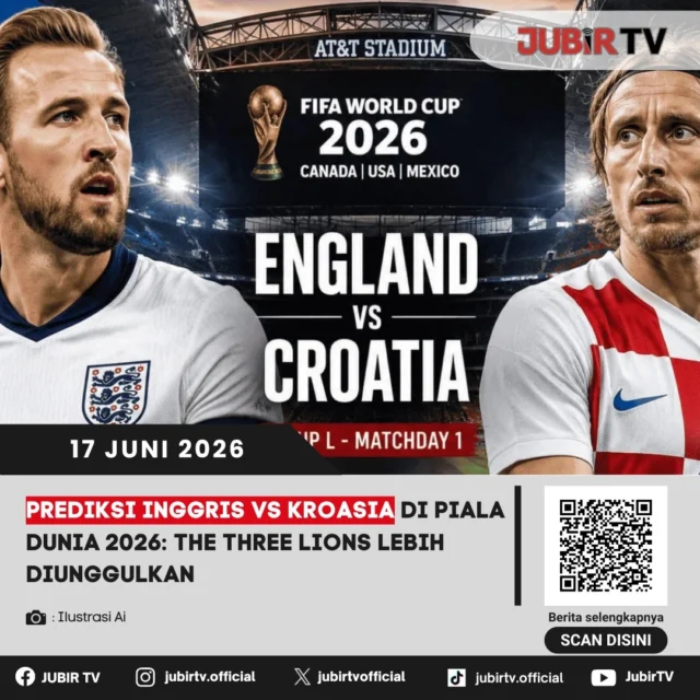Inggris mengusung target kemenangan saat menghadapi Kroasia pada laga perdana Grup J Piala Dunia 2026. Dengan materi pemain bertabur bintang dan performa yang lebih konsisten dalam beberapa tahun terakhir, The Three Lions lebih diunggulkan untuk mengamankan tiga poin.

Namun, Kroasia tetap menjadi lawan yang tidak bisa diremehkan. Finalis dan semifinalis di dua edisi Piala Dunia sebelumnya itu memiliki pengalaman serta mental bertanding yang mampu merepotkan tim mana pun. Akankah Inggris memenuhi ekspektasi atau justru Kroasia kembali menghadirkan kejutan? 

📌 𝐈𝐧𝐟𝐨 𝐥𝐞𝐧𝐠𝐤𝐚𝐩𝐧𝐲𝐚 𝐜𝐞𝐤 𝐝𝐢 𝐬𝐭𝐨𝐫𝐲 & 𝐬𝐨𝐫𝐨𝐭𝐚𝐧

#jubirtv #jubirtvnewscom #pialadunia2026 #inggrisvskroasia #inggris #kroasia #thethreelions #harrykane #judebellingham #fifaworldcup #prediksibola #worldcup2026