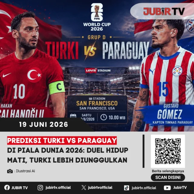 Turki dan Paraguay akan menjalani laga krusial dalam lanjutan fase grup Piala Dunia 2026. Kedua tim sama-sama membutuhkan kemenangan untuk menjaga peluang lolos ke babak berikutnya, membuat pertandingan ini diprediksi berlangsung sengit sejak menit awal.

Turki sedikit lebih diunggulkan berkat performa dan kualitas skuad yang dimiliki. Namun Paraguay memiliki pengalaman serta semangat juang tinggi yang bisa menjadi ancaman serius. Siapa yang mampu bertahan dalam duel hidup-mati ini dan menjaga asa di Piala Dunia 2026?

📌 𝐈𝐧𝐟𝐨 𝐥𝐞𝐧𝐠𝐤𝐚𝐩𝐧𝐲𝐚 𝐜𝐞𝐤 𝐝𝐢 𝐬𝐭𝐨𝐫𝐲 & 𝐬𝐨𝐫𝐨𝐭𝐚𝐧

#jubirtv #jubirtvnewscom #pialadunia2026 #turkivsparaguay #turki #paraguay #prediksibola #fifaworldcup #worldcup2026 #sepakboladunia #beritabola #fasegruppialadunia