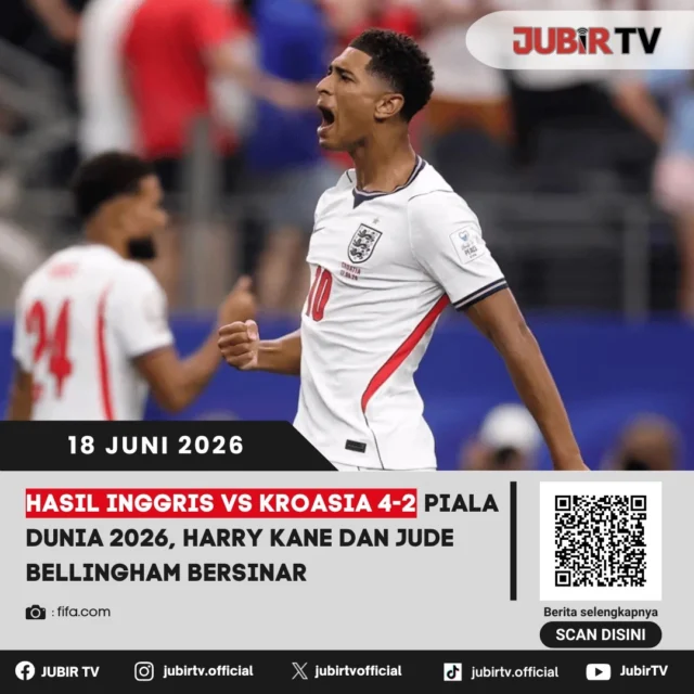 Inggris memulai Piala Dunia 2026 dengan kemenangan meyakinkan usai menaklukkan Kroasia 4-2 pada laga perdana Grup J. Harry Kane dan Jude Bellingham tampil gemilang, menjadi motor serangan The Three Lions dalam pertandingan yang berlangsung sengit dan penuh gol.

Kemenangan ini menjadi modal berharga bagi Inggris untuk menghadapi laga berikutnya. Bagaimana aksi Kane dan Bellingham membawa Inggris meraih tiga poin, serta bagaimana respons Kroasia sepanjang pertandingan?

📌 𝐈𝐧𝐟𝐨 𝐥𝐞𝐧𝐠𝐤𝐚𝐩𝐧𝐲𝐚 𝐜𝐞𝐤 𝐝𝐢 𝐬𝐭𝐨𝐫𝐲 & 𝐬𝐨𝐫𝐨𝐭𝐚𝐧

#jubirtv #jubirtvnewscom #pialadunia2026 #inggrisvskroasia #harrykane #judebellingham #thethreelions #inggris #kroasia #fifaworldcup #hasilpertandingan #beritabola