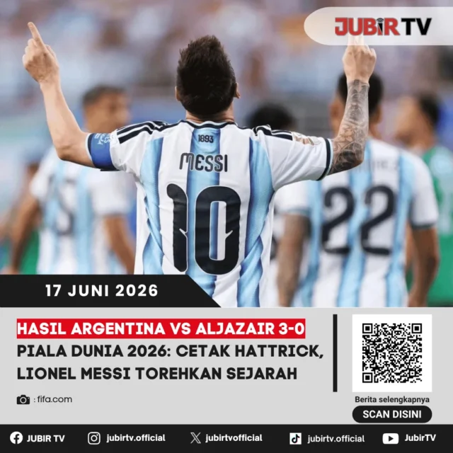 Lionel Messi mencuri perhatian dunia usai mencetak hattrick saat Argentina mengalahkan Aljazair 3-0 pada laga perdana Piala Dunia 2026. Penampilan gemilang La Pulga tak hanya membawa Albiceleste meraih tiga poin, tetapi juga mengukir sejarah baru di panggung sepak bola dunia.

Rekor apa yang berhasil ditorehkan Messi lewat hattrick tersebut dan bagaimana dominasi Argentina sepanjang pertandingan?

📌 𝐈𝐧𝐟𝐨 𝐥𝐞𝐧𝐠𝐤𝐚𝐩𝐧𝐲𝐚 𝐜𝐞𝐤 𝐝𝐢 𝐬𝐭𝐨𝐫𝐲 & 𝐬𝐨𝐫𝐨𝐭𝐚𝐧

#jubirtv #jubirtvnewscom #pialadunia2026 #argentinavsaljazair #lionelmessi #leomessi #albiceleste #hattrickmessi #fifaworldcup #hasilpertandingan #worldcup2026 #beritabola