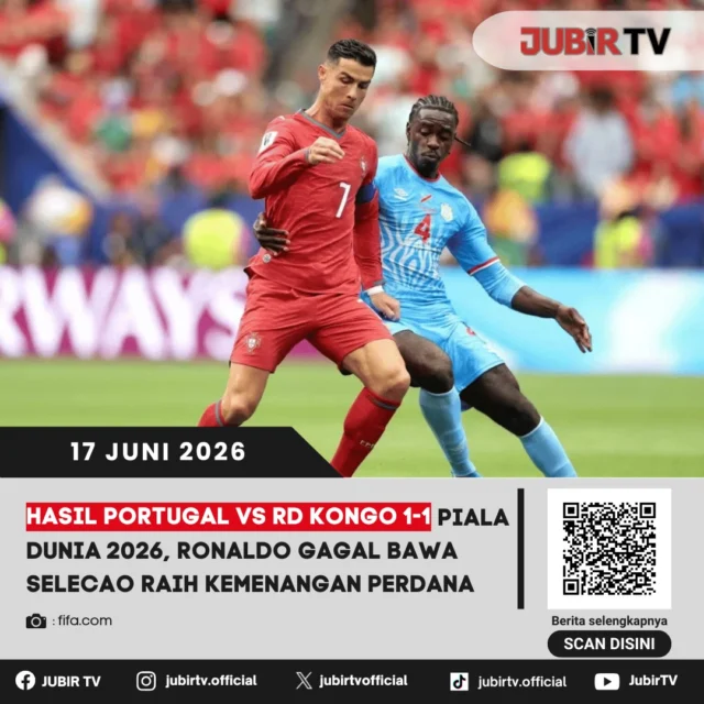 Portugal gagal memanfaatkan status unggulan setelah hanya mampu bermain imbang 1-1 melawan RD Kongo pada laga perdana Grup J Piala Dunia 2026. Cristiano Ronaldo dan kolega harus puas berbagi poin usai mendapat perlawanan sengit dari wakil Afrika tersebut.

Hasil ini membuat persaingan di Grup J semakin terbuka. Bagaimana jalannya pertandingan dan apa yang menyebabkan Portugal gagal meraih kemenangan perdana?

📌 𝐈𝐧𝐟𝐨 𝐥𝐞𝐧𝐠𝐤𝐚𝐩𝐧𝐲𝐚 𝐜𝐞𝐤 𝐝𝐢 𝐬𝐭𝐨𝐫𝐲 & 𝐬𝐨𝐫𝐨𝐭𝐚𝐧

#jubirtv #jubirtvnewscom #pialadunia2026 #portugalvsrdkongo #cristianoronaldo #portugal #rdkongo #fifaworldcup #hasilpertandingan #worldcup2026 #beritabola #sepakboladunia