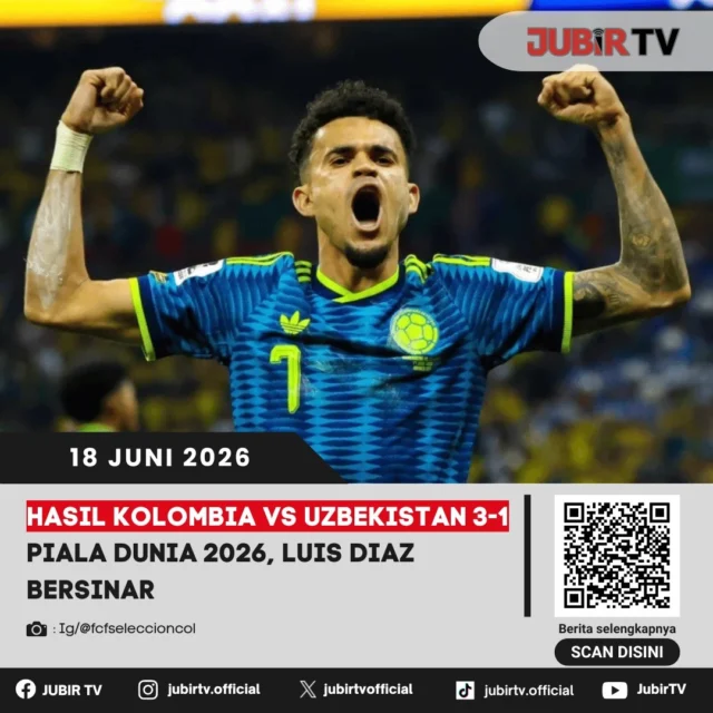 Kolombia sukses mengawali kiprahnya di Piala Dunia 2026 dengan kemenangan 3-1 atas Uzbekistan pada laga perdana Grup K. Penyerang andalan Luis Díaz tampil gemilang dan menjadi sosok penting di balik keberhasilan Los Cafeteros mengamankan tiga poin.

Meski berstatus debutan, Uzbekistan sempat memberikan perlawanan dan mencatatkan sejarah lewat gol perdananya di ajang Piala Dunia. Bagaimana jalannya pertandingan dan peran Luis Díaz dalam kemenangan Kolombia?

📌 𝐈𝐧𝐟𝐨 𝐥𝐞𝐧𝐠𝐤𝐚𝐩𝐧𝐲𝐚 𝐜𝐞𝐤 𝐝𝐢 𝐬𝐭𝐨𝐫𝐲 & 𝐬𝐨𝐫𝐨𝐭𝐚𝐧

#jubirtv #jubirtvnewscom #pialadunia2026 #kolombiavsuzbekistan #kolombia #uzbekistan #luisdiaz #loscafeteros #fifaworldcup #hasilpertandingan #worldcup2026 #beritabola