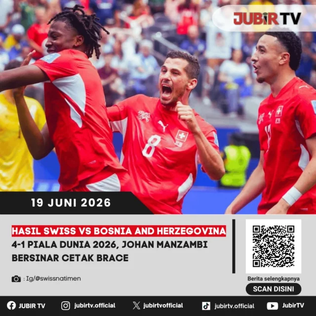 Swiss tampil dominan dan meraih kemenangan meyakinkan 4-1 atas Bosnia dan Herzegovina pada laga Grup Piala Dunia 2026. Johan Manzambi menjadi bintang lapangan setelah mencetak dua gol yang membantu Nati mengamankan tiga poin penting.

Kemenangan ini memperkuat posisi Swiss dalam persaingan grup, sementara Bosnia dan Herzegovina harus segera berbenah untuk menjaga peluang lolos ke babak berikutnya. Bagaimana jalannya pertandingan dan aksi gemilang Johan Manzambi di laga ini?

📌 𝐈𝐧𝐟𝐨 𝐥𝐞𝐧𝐠𝐤𝐚𝐩𝐧𝐲𝐚 𝐜𝐞𝐤 𝐝𝐢 𝐬𝐭𝐨𝐫𝐲 & 𝐬𝐨𝐫𝐨𝐭𝐚𝐧

#jubirtv #jubirtvnewscom #pialadunia2026 #swissvsbosnia #swiss #bosniadanherzegovina #johanmanzambi #fifaworldcup #hasilpertandingan #worldcup2026 #beritabola #sepakboladunia