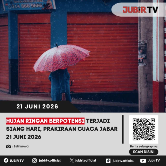 Cuaca di sejumlah wilayah Jawa Barat pada 21 Juni 2026 diprakirakan didominasi kondisi cerah berawan hingga berawan. Meski demikian, hujan ringan berpotensi turun pada siang hingga sore hari di beberapa daerah sehingga masyarakat diimbau tetap waspada saat beraktivitas di luar ruangan.

Informasi prakiraan cuaca ini penting untuk menjadi acuan bagi warga yang akan berpergian, bekerja, maupun berwisata. Wilayah mana saja yang berpotensi diguyur hujan dan bagaimana rincian prakiraan cuaca lengkapnya?

📌 𝐈𝐧𝐟𝐨 𝐥𝐞𝐧𝐠𝐤𝐚𝐩𝐧𝐲𝐚 𝐜𝐞𝐤 𝐝𝐢 𝐬𝐭𝐨𝐫𝐲 & 𝐬𝐨𝐫𝐨𝐭𝐚𝐧

#jubirtv #jubirtvnewscom #prakiraancuaca #cuacajabar #bmkg #jawabarat #hujanringan #infocuaca #beritajabar #cuacahariini #jawabaratterkini #informasicuaca