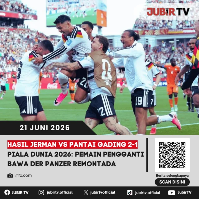 Jerman sukses membalikkan keadaan dan mengalahkan Pantai Gading dengan skor 2-1 dalam lanjutan fase grup Piala Dunia 2026. Kemenangan Der Panzer ditentukan lewat kontribusi pemain pengganti yang tampil sebagai pembeda di babak kedua.

Hasil ini membuat persaingan Grup E semakin menarik. Bagaimana jalannya laga hingga Jerman mampu melakukan remontada?

📌 𝐈𝐧𝐟𝐨 𝐥𝐞𝐧𝐠𝐤𝐚𝐩𝐧𝐲𝐚 𝐜𝐞𝐤 𝐝𝐢 𝐬𝐭𝐨𝐫𝐲 & 𝐬𝐨𝐫𝐨𝐭𝐚𝐧

#jubirtv #jubirtvnewscom #pialadunia2026 #jermanvspantaigading #jerman #pantaigading #derpanzer #hasilpertandingan #fifaworldcup #beritabola #worldcup2026 #sepakboladunia