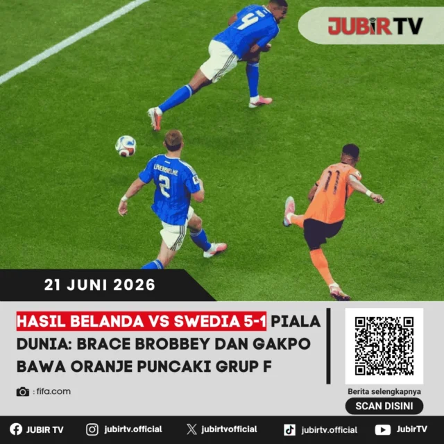 Belanda tampil perkasa usai menghajar Swedia dengan skor telak 5-1 di laga fase grup Piala Dunia 2026. Brian Brobbey dan Cody Gakpo sama-sama mencetak dua gol untuk membawa De Oranje memuncaki klasemen Grup F.

Bagaimana jalannya pertandingan dan dampak kemenangan besar ini terhadap persaingan di Grup F?

📌 𝐈𝐧𝐟𝐨 𝐥𝐞𝐧𝐠𝐤𝐚𝐩𝐧𝐲𝐚 𝐜𝐞𝐤 𝐝𝐢 𝐬𝐭𝐨𝐫𝐲 & 𝐬𝐨𝐫𝐨𝐭𝐚𝐧

#jubirtv #jubirtvnewscom #pialadunia2026 #belandavsswedia #belanda #swedia #codygakpo #brianbrobbey #deoranje #hasilpertandingan #fifaworldcup #beritabola