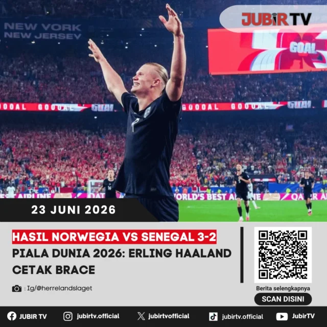 Erling Haaland kembali menunjukkan ketajamannya di Piala Dunia 2026 dengan mencetak dua gol saat Norwegia menaklukkan Senegal 3-2. Kemenangan dramatis ini menjaga peluang Norwegia sekaligus menegaskan peran penting Haaland sebagai mesin gol tim.

Laga berlangsung sengit dengan jual beli serangan hingga menit akhir. Bagaimana jalannya pertandingan dan gol-gol yang membawa Norwegia meraih kemenangan atas Senegal?

📌 𝐈𝐧𝐟𝐨 𝐥𝐞𝐧𝐠𝐤𝐚𝐩𝐧𝐲𝐚 𝐜𝐞𝐤 𝐝𝐢 𝐬𝐭𝐨𝐫𝐲 & 𝐬𝐨𝐫𝐨𝐭𝐚𝐧

#jubirtv #jubirtvnewscom #norwegia #senegal #erlinghaaland #haaland #pialadunia2026 #worldcup2026 #sepakbola #beritabola #timnasnorwegia #fifaworldcup