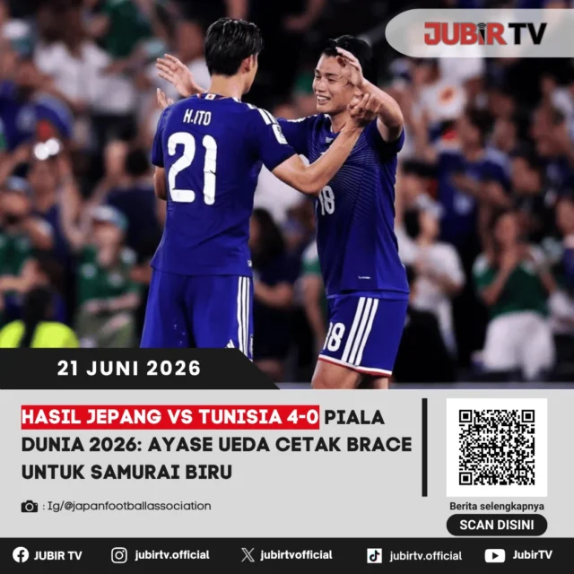 Jepang tampil dominan usai mengalahkan Tunisia dengan skor telak 4-0 pada laga fase grup Piala Dunia 2026. Ayase Ueda menjadi bintang kemenangan Samurai Biru setelah mencetak dua gol dalam pertandingan tersebut.

Bagaimana jalannya laga dan dampak kemenangan besar ini bagi peluang Jepang di Grup F?

📌 𝐈𝐧𝐟𝐨 𝐥𝐞𝐧𝐠𝐤𝐚𝐩𝐧𝐲𝐚 𝐜𝐞𝐤 𝐝𝐢 𝐬𝐭𝐨𝐫𝐲 & 𝐬𝐨𝐫𝐨𝐭𝐚𝐧

#jubirtv #jubirtvnewscom #pialadunia2026 #jepangvstunisia #jepang #tunisia #samuraibiru #ayaseueda #hasilpertandingan #fifaworldcup #beritabola #worldcup2026