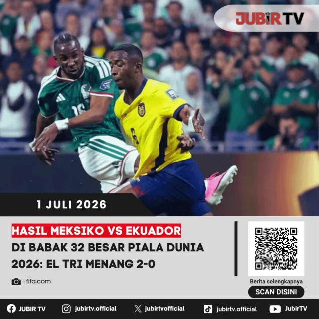 Meksiko sukses melaju ke babak 16 besar Piala Dunia 2026 setelah mengalahkan Ekuador dengan skor 2-0 pada laga babak 32 besar. Bermain di hadapan pendukung sendiri, El Tri tampil efektif dan mampu mengamankan kemenangan meyakinkan untuk menjaga asa di turnamen.

Dukungan publik tuan rumah menjadi energi tambahan bagi Meksiko untuk mengendalikan jalannya pertandingan. Siapa pencetak gol kemenangan El Tri, bagaimana jalannya laga, dan siapa lawan Meksiko di babak 16 besar?

📌 𝐈𝐧𝐟𝐨 𝐥𝐞𝐧𝐠𝐤𝐚𝐩𝐧𝐲𝐚 𝐜𝐞𝐤 𝐝𝐢 𝐬𝐭𝐨𝐫𝐲 & 𝐬𝐨𝐫𝐨𝐭𝐚𝐧

#jubirtv #jubirtvnewscom #meksiko #ekuador #eltri #pialadunia2026 #worldcup2026 #beritabola #fifaworldcup #footballnews #babak32besar #sepakbola