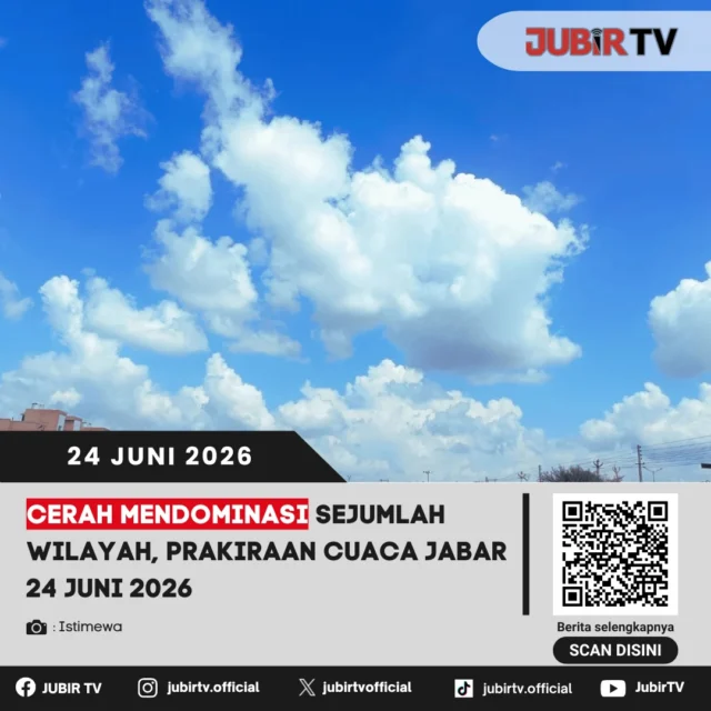 Cuaca cerah diperkirakan mendominasi sejumlah wilayah di Jawa Barat pada Rabu, 24 Juni 2026. Meski demikian, masyarakat tetap diimbau untuk mewaspadai potensi perubahan cuaca di beberapa daerah, terutama pada siang hingga malam hari.

Bagaimana prakiraan cuaca lengkap untuk wilayah Jawa Barat, termasuk suhu udara dan potensi hujan di sejumlah daerah?

📌 𝐈𝐧𝐟𝐨 𝐥𝐞𝐧𝐠𝐤𝐚𝐩𝐧𝐲𝐚 𝐜𝐞𝐤 𝐝𝐢 𝐬𝐭𝐨𝐫𝐲 & 𝐬𝐨𝐫𝐨𝐭𝐚𝐧

#jubirtv #jubirtvnewscom #jawabarat #cuacajabar #prakiraancuaca #bmkg #infocuaca #cuacahariini #beritajabar #jawabarathariini #cuacacerah #infojabar