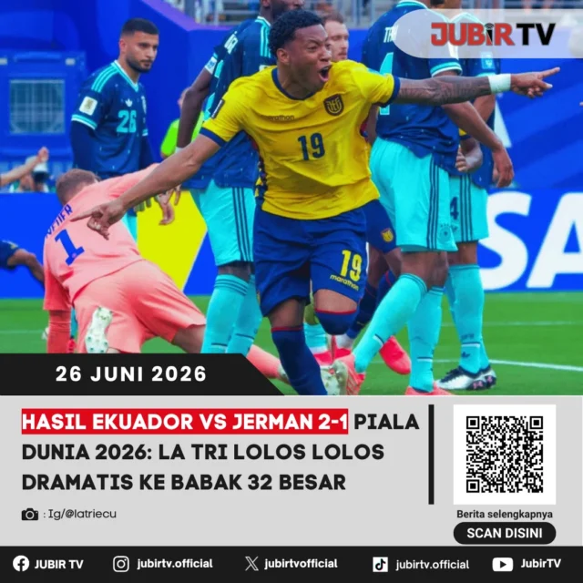Ekuador menciptakan kejutan besar di Piala Dunia 2026 usai menaklukkan Jerman dengan skor 2-1. Kemenangan dramatis ini memastikan La Tri melaju ke babak 32 besar, sementara Jerman harus mengakhiri perjuangannya lebih cepat.

Laga berlangsung sengit hingga menit-menit akhir dengan kedua tim saling menekan demi mengamankan tiket fase gugur. Bagaimana jalannya pertandingan dan momen yang memastikan Ekuador lolos secara dramatis? 

📌 𝐈𝐧𝐟𝐨 𝐥𝐞𝐧𝐠𝐤𝐚𝐩𝐧𝐲𝐚 𝐜𝐞𝐤 𝐝𝐢 𝐬𝐭𝐨𝐫𝐲 & 𝐬𝐨𝐫𝐨𝐭𝐚𝐧

#jubirtv #jubirtvnewscom #ekuador #jerman #latri #pialadunia2026 #worldcup2026 #sepakbola #beritabola #fifaworldcup #footballnews #timnasjerman