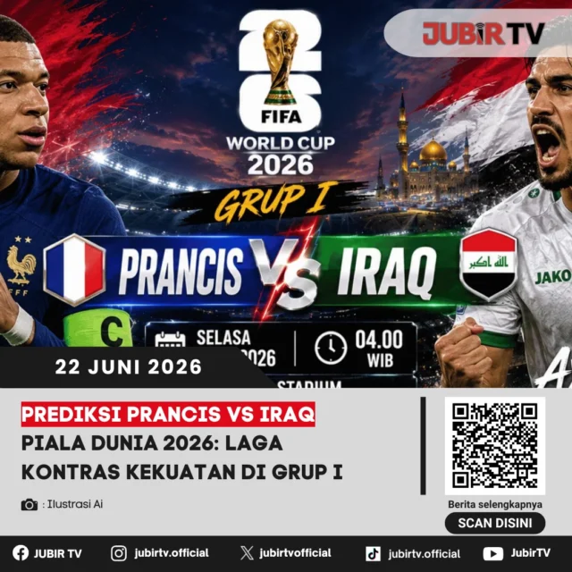 Prancis dan Irak akan saling berhadapan dalam lanjutan Grup I Piala Dunia 2026. Di atas kertas, Les Bleus lebih diunggulkan, namun Irak bertekad mencuri poin demi menjaga peluang lolos.

Akankah Prancis kembali menunjukkan dominasinya, atau Irak mampu membuat kejutan?

📌 𝐈𝐧𝐟𝐨 𝐥𝐞𝐧𝐠𝐤𝐚𝐩𝐧𝐲𝐚 𝐜𝐞𝐤 𝐝𝐢 𝐬𝐭𝐨𝐫𝐲 & 𝐬𝐨𝐫𝐨𝐭𝐚𝐧

#jubirtv #jubirtvnewscom #pialadunia2026 #prancisvsiraq #prancis #iraq #lesbleus #kylianmbappe #prediksibola #fifaworldcup #worldcup2026 #beritabola