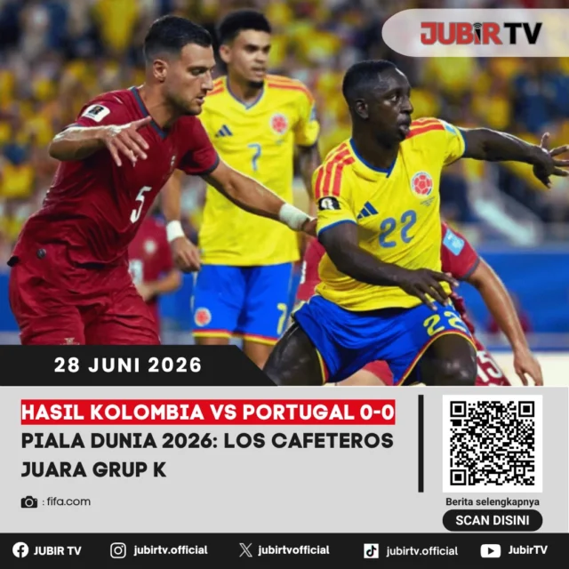Kolombia dan Portugal harus puas berbagi poin usai bermain imbang tanpa gol pada laga terakhir fase grup Piala Dunia 2026. Hasil ini cukup mengantarkan Los Cafeteros finis sebagai juara Grup K, sementara Portugal tetap melaju ke babak 32 besar.

Meski tak tercipta gol, pertandingan berlangsung sengit dengan kedua tim saling menciptakan peluang. Bagaimana jalannya laga dan siapa lawan yang akan dihadapi Kolombia serta Portugal di fase gugur?

📌 𝐈𝐧𝐟𝐨 𝐥𝐞𝐧𝐠𝐤𝐚𝐩𝐧𝐲𝐚 𝐜𝐞𝐤 𝐝𝐢 𝐬𝐭𝐨𝐫𝐲 & 𝐬𝐨𝐫𝐨𝐭𝐚𝐧

#jubirtv #jubirtvnewscom #kolombia #portugal #loscafeteros #pialadunia2026 #worldcup2026 #sepakbola #beritabola #fifaworldcup #footballnews #timnasportugal