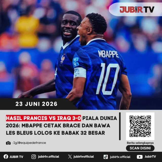 Kylian Mbappé tampil gemilang dengan mencetak dua gol saat Prancis mengalahkan Irak 3-0 pada laga Piala Dunia 2026. Kemenangan ini memastikan Les Bleus melangkah ke babak 32 besar dan semakin mengukuhkan status mereka sebagai salah satu kandidat kuat juara.

Performa tajam Mbappé menjadi kunci keberhasilan Prancis mengamankan tiket ke fase gugur. Bagaimana jalannya pertandingan dan siapa pencetak gol lainnya dalam laga tersebut?

📌 𝐈𝐧𝐟𝐨 𝐥𝐞𝐧𝐠𝐤𝐚𝐩𝐧𝐲𝐚 𝐜𝐞𝐤 𝐝𝐢 𝐬𝐭𝐨𝐫𝐲 & 𝐬𝐨𝐫𝐨𝐭𝐚𝐧

#jubirtv #jubirtvnewscom #prancis #mbappe #pialadunia2026 #worldcup2026 #lesbleus #timnasprancis #sepakbola #beritabola #fifaworldcup #footballnews