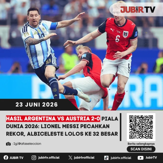 Timnas Argentina memastikan langkah ke babak 32 besar Piala Dunia 2026 usai menundukkan Austria dengan skor 2-0. Kemenangan ini semakin spesial setelah Lionel Messi kembali menorehkan rekor baru bersama Albiceleste di ajang bergengsi tersebut.

Hasil positif ini membuat Argentina melaju ke fase gugur dengan kepercayaan diri tinggi. Rekor apa yang berhasil dipecahkan Messi dan bagaimana jalannya pertandingan kontra Austria?

📌 𝐈𝐧𝐟𝐨 𝐥𝐞𝐧𝐠𝐤𝐚𝐩𝐧𝐲𝐚 𝐜𝐞𝐤 𝐝𝐢 𝐬𝐭𝐨𝐫𝐲 & 𝐬𝐨𝐫𝐨𝐭𝐚𝐧

#jubirtv #jubirtvnewscom #argentina #austria #pialadunia2026 #worldcup2026 #lionelmessi #albiceleste #sepakbola #beritabola #timnasargentina #fifaworldcup