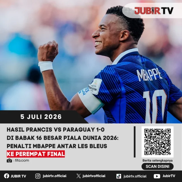 Timnas Prancis memastikan tempat di perempat final Piala Dunia FIFA 2026 usai menundukkan Paraguay dengan skor tipis 1-0 pada laga Babak 16 Besar yang berlangsung di Philadelphia Stadium, Minggu (5/7/2026) 04.00 WIB.

Kylian Mbappe kembali menjadi penentu kemenangan Les Bleus lewat gol tunggal dari titik penalti pada babak kedua. 

Gol tersebut sekaligus menjadi gol ketujuh Mbappe di Piala Dunia 2026, membuatnya menyamai koleksi gol Lionel Messi di turnamen ini dan menjaga persaingan perebutan adidas Golden Boot tetap sengit.

📌 𝐈𝐧𝐟𝐨 𝐥𝐞𝐧𝐠𝐤𝐚𝐩𝐧𝐲𝐚 𝐜𝐞𝐤 𝐝𝐢 𝐬𝐭𝐨𝐫𝐲 & 𝐬𝐨𝐫𝐨𝐭𝐚𝐧

#jubirtv #jubirtvnewscom #sukabumi #kabupatensukabumi #prancis #pialadunia2026