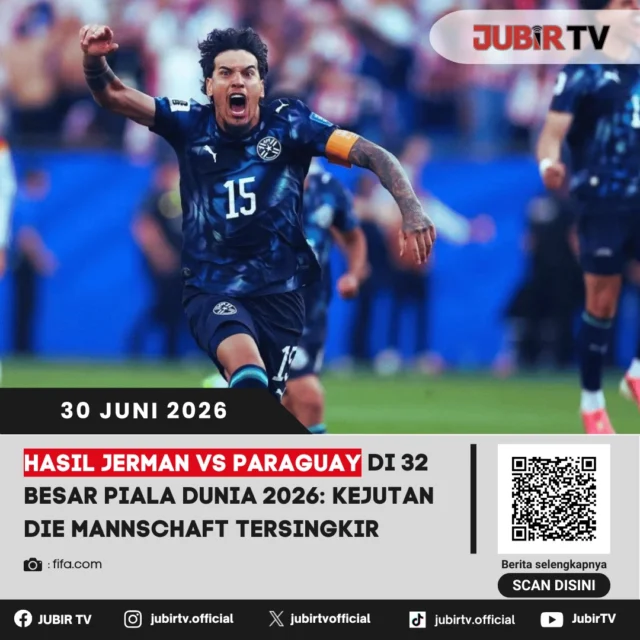 Kejutan besar terjadi di babak 32 besar Piala Dunia 2026. Jerman harus mengakhiri langkahnya lebih cepat setelah takluk dari Paraguay, hasil yang sekaligus menggagalkan ambisi Der Panzer untuk melaju lebih jauh di turnamen.

Paraguay tampil disiplin dan mampu memanfaatkan peluang untuk menyingkirkan salah satu tim favorit juara. Bagaimana jalannya pertandingan, siapa pencetak gol, dan siapa lawan Paraguay di babak 16 besar?

📌 𝐈𝐧𝐟𝐨 𝐥𝐞𝐧𝐠𝐤𝐚𝐩𝐧𝐲𝐚 𝐜𝐞𝐤 𝐝𝐢 𝐬𝐭𝐨𝐫𝐲 & 𝐬𝐨𝐫𝐨𝐭𝐚𝐧

#jubirtv #jubirtvnewscom #jerman #paraguay #pialadunia2026 #worldcup2026 #derpanzer #beritabola #fifaworldcup #footballnews #babak32besar #sepakbola