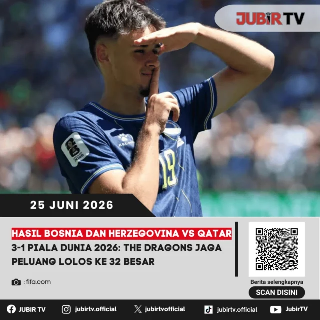 Bosnia dan Herzegovina menjaga peluang lolos ke babak 32 besar Piala Dunia 2026 usai menundukkan Qatar dengan skor 3-1. Kemenangan penting ini membuat The Dragons tetap berada dalam persaingan untuk mengamankan tiket ke fase gugur.

Tampil agresif sejak awal laga, Bosnia dan Herzegovina mampu memanfaatkan peluang dengan baik untuk mengamankan tiga poin krusial. Bagaimana jalannya pertandingan dan seperti apa peluang The Dragons menuju babak berikutnya?

📌 𝐈𝐧𝐟𝐨 𝐥𝐞𝐧𝐠𝐤𝐚𝐩𝐧𝐲𝐚 𝐜𝐞𝐤 𝐝𝐢 𝐬𝐭𝐨𝐫𝐲 & 𝐬𝐨𝐫𝐨𝐭𝐚𝐧

#jubirtv #jubirtvnewscom #bosnia #bosniadanherzegovina #qatar #thedragons #pialadunia2026 #worldcup2026 #sepakbola #beritabola #fifaworldcup #footballnews