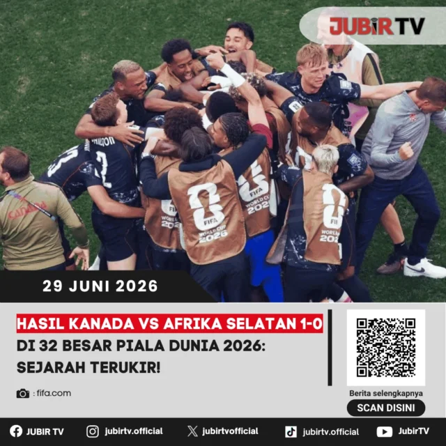 Kanada mencatat sejarah di Piala Dunia 2026 usai menaklukkan Afrika Selatan dengan skor tipis 1-0 pada babak 32 besar. Kemenangan ini membawa Les Rouges melangkah ke babak 16 besar untuk pertama kalinya dalam sejarah keikutsertaan mereka di ajang Piala Dunia.

Gol tunggal menjadi penentu kemenangan Kanada dalam laga yang berlangsung ketat hingga peluit akhir. Bagaimana jalannya pertandingan dan siapa lawan yang akan dihadapi Kanada di babak berikutnya?

📌 𝐈𝐧𝐟𝐨 𝐥𝐞𝐧𝐠𝐤𝐚𝐩𝐧𝐲𝐚 𝐜𝐞𝐤 𝐝𝐢 𝐬𝐭𝐨𝐫𝐲 & 𝐬𝐨𝐫𝐨𝐭𝐚𝐧

#jubirtv #jubirtvnewscom #kanada #afrikaselatan #pialadunia2026 #worldcup2026 #lesrouges #beritabola #fifaworldcup #footballnews #babak32besar #sepakbola