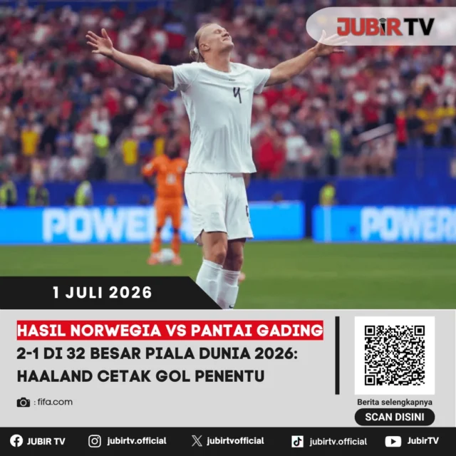 Norwegia memastikan langkah ke babak 16 besar Piala Dunia 2026 usai menundukkan Pantai Gading dengan skor 2-1. Erling Haaland kembali menjadi pembeda dengan mencetak gol penentu kemenangan, sekaligus membawa negaranya melaju ke fase berikutnya.

Pantai Gading sempat memberikan perlawanan sengit, namun Norwegia mampu menjaga keunggulan hingga peluit panjang berbunyi. Bagaimana jalannya pertandingan, kontribusi Haaland, dan siapa lawan Norwegia di babak 16 besar?

📌 𝐈𝐧𝐟𝐨 𝐥𝐞𝐧𝐠𝐤𝐚𝐩𝐧𝐲𝐚 𝐜𝐞𝐤 𝐝𝐢 𝐬𝐭𝐨𝐫𝐲 & 𝐬𝐨𝐫𝐨𝐭𝐚𝐧

#jubirtv #jubirtvnewscom #norwegia #pantaigading #haaland #pialadunia2026 #worldcup2026 #beritabola #fifaworldcup #footballnews #sepakbola #babak32besar