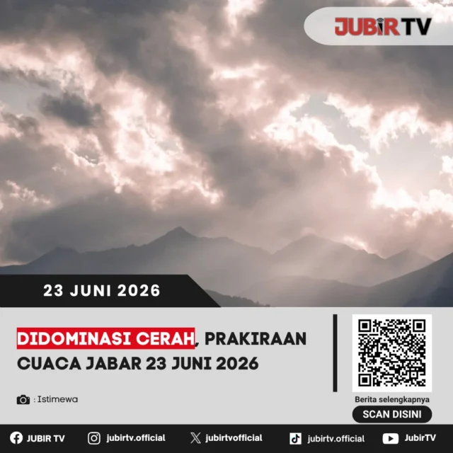 Sebagian besar wilayah Jawa Barat diprakirakan mengalami cuaca cerah hingga cerah berawan pada Selasa, 23 Juni 2026. Kondisi ini berpotensi mendukung berbagai aktivitas masyarakat di luar ruangan.

Meski demikian, warga tetap diimbau untuk memantau perkembangan cuaca terbaru sebagai langkah antisipasi perubahan kondisi di sejumlah daerah.

📌 𝐈𝐧𝐟𝐨 𝐥𝐞𝐧𝐠𝐤𝐚𝐩𝐧𝐲𝐚 𝐜𝐞𝐤 𝐝𝐢 𝐬𝐭𝐨𝐫𝐲 & 𝐬𝐨𝐫𝐨𝐭𝐚𝐧

#jubirtv #jubirtvnewscom #prakiraancuaca #cuacajabar #jawabarat #bmkg #cuacahariini #infocuaca #beritajabar #cerahberawan #infoterkini