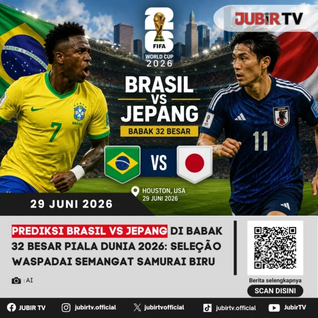 Brasil dan Jepang siap bentrok pada babak 32 besar Piala Dunia 2026. Selecao lebih diunggulkan berkat materi pemain bertabur bintang, namun semangat juang Samurai Biru diprediksi bisa menjadi ancaman serius dalam laga hidup-mati ini.

Mampukah Brasil melangkah mulus ke babak berikutnya, atau justru Jepang kembali menciptakan kejutan di panggung dunia?

📌 𝐈𝐧𝐟𝐨 𝐥𝐞𝐧𝐠𝐤𝐚𝐩𝐧𝐲𝐚 𝐜𝐞𝐤 𝐝𝐢 𝐬𝐭𝐨𝐫𝐲 & 𝐬𝐨𝐫𝐨𝐭𝐚𝐧

#jubirtv #jubirtvnewscom #brasil #jepang #pialadunia2026 #worldcup2026 #selecao #samuraibiru #beritabola #prediksibola #fifaworldcup #footballnews