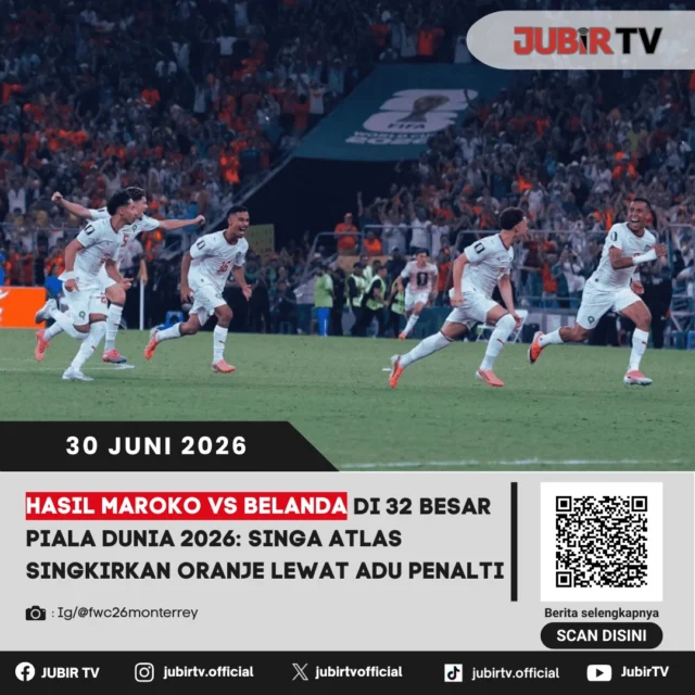 Maroko memastikan tempat di babak 16 besar Piala Dunia 2026 setelah menyingkirkan Belanda melalui drama adu penalti. Singa Atlas kembali menunjukkan mentalitas luar biasa di fase gugur dan mengakhiri perlawanan Oranje setelah pertandingan berlangsung sengit hingga babak tambahan waktu.

Kemenangan ini mengantarkan Maroko melanjutkan kiprahnya di Piala Dunia 2026, sementara Belanda harus mengubur mimpi melangkah lebih jauh. Bagaimana jalannya pertandingan, siapa yang menjadi penentu kemenangan Maroko, dan siapa calon lawan mereka di babak berikutnya?

📌 𝐈𝐧𝐟𝐨 𝐥𝐞𝐧𝐠𝐤𝐚𝐩𝐧𝐲𝐚 𝐜𝐞𝐤 𝐝𝐢 𝐬𝐭𝐨𝐫𝐲 & 𝐬𝐨𝐫𝐨𝐭𝐚𝐧

#jubirtv #jubirtvnewscom #maroko #belanda #pialadunia2026 #worldcup2026 #singaatlas #oranje #adupenalti #beritabola #fifaworldcup #sepakbola