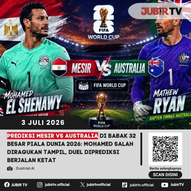 Mesir akan menghadapi Australia pada babak 32 besar Piala Dunia 2026 dalam laga yang diprediksi berlangsung sengit. The Pharaohs dibayangi keraguan terkait kondisi Mohamed Salah yang dikabarkan belum sepenuhnya fit, sehingga peluang tampilnya masih menjadi tanda tanya jelang pertandingan.

Di sisi lain, Australia datang dengan kepercayaan diri tinggi setelah tampil solid sepanjang fase grup. Jika Mohamed Salah absen atau tidak berada dalam kondisi terbaik, Mesir diprediksi akan menghadapi tantangan lebih berat untuk mengamankan tiket ke babak 16 besar. Bagaimana prediksi susunan pemain, peluang kedua tim, dan rekor pertemuan mereka?

📌 𝐈𝐧𝐟𝐨 𝐥𝐞𝐧𝐠𝐤𝐚𝐩𝐧𝐲𝐚 𝐜𝐞𝐤 𝐝𝐢 𝐬𝐭𝐨𝐫𝐲 & 𝐬𝐨𝐫𝐨𝐭𝐚𝐧

#jubirtv #jubirtvnewscom #mesir #australia #mohamedsalah #pialadunia2026 #worldcup2026 #thepharaohs #socceroos #beritabola #fifaworldcup #sepakbola