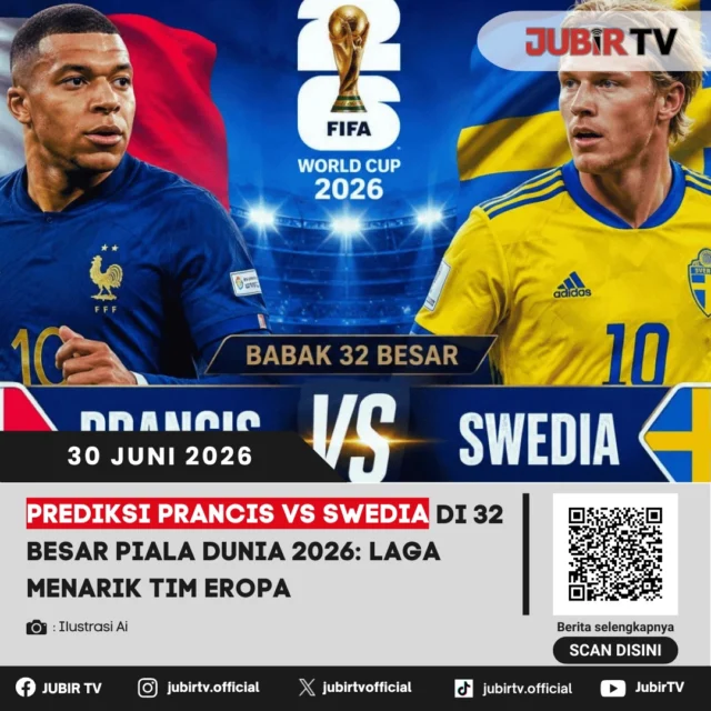 Prancis dan Swedia akan saling berhadapan pada babak 32 besar Piala Dunia 2026 dalam duel sesama wakil Eropa yang diprediksi berlangsung ketat. Les Bleus lebih diunggulkan berkat kedalaman skuad dan kualitas individu, namun Swedia siap memberikan perlawanan demi mengamankan tiket ke babak 16 besar.

Akankah Prancis mampu membuktikan status sebagai favorit juara, atau Swedia justru menghadirkan kejutan di fase gugur?

📌 𝐈𝐧𝐟𝐨 𝐥𝐞𝐧𝐠𝐤𝐚𝐩𝐧𝐲𝐚 𝐜𝐞𝐤 𝐝𝐢 𝐬𝐭𝐨𝐫𝐲 & 𝐬𝐨𝐫𝐨𝐭𝐚𝐧

#jubirtv #jubirtvnewscom #prancis #swedia #pialadunia2026 #worldcup2026 #lesbleus #prediksibola #beritabola #fifaworldcup #footballnews #sepakbola