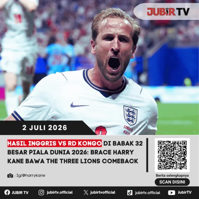 Inggris memastikan tiket ke babak 16 besar Piala Dunia 2026 usai bangkit dari ketertinggalan dan mengalahkan RD Kongo di babak 32 besar. Harry Kane tampil sebagai pahlawan kemenangan The Three Lions dengan mencetak dua gol (brace) yang membalikkan keadaan.

RD Kongo sempat memberi kejutan lewat gol pembuka, namun Inggris menunjukkan mentalitas kuat hingga sukses melakukan comeback. Bagaimana jalannya pertandingan, aksi gemilang Harry Kane, dan siapa lawan Inggris di babak 16 besar?

📌 𝐈𝐧𝐟𝐨 𝐥𝐞𝐧𝐠𝐤𝐚𝐩𝐧𝐲𝐚 𝐜𝐞𝐤 𝐝𝐢 𝐬𝐭𝐨𝐫𝐲 & 𝐬𝐨𝐫𝐨𝐭𝐚𝐧

#jubirtv #jubirtvnewscom #inggris #rdkongo #harrykane #thethreelions #pialadunia2026 #worldcup2026 #beritabola #fifaworldcup #footballnews #sepakbola