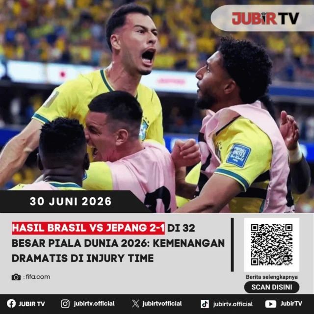 Brasil memastikan langkah ke babak 16 besar Piala Dunia 2026 usai mengalahkan Jepang dengan skor dramatis 2-1. Selecao mengunci kemenangan lewat gol yang tercipta pada masa injury time setelah kedua tim terlibat duel sengit sepanjang pertandingan.

Jepang sempat memberikan perlawanan hingga menit-menit akhir, namun Brasil berhasil memanfaatkan peluang krusial untuk mengamankan tiket ke fase berikutnya. Bagaimana jalannya pertandingan dan siapa lawan Brasil di babak 16 besar?

📌 𝐈𝐧𝐟𝐨 𝐥𝐞𝐧𝐠𝐤𝐚𝐩𝐧𝐲𝐚 𝐜𝐞𝐤 𝐝𝐢 𝐬𝐭𝐨𝐫𝐲 & 𝐬𝐨𝐫𝐨𝐭𝐚𝐧

#jubirtv #jubirtvnewscom #brasil #jepang #pialadunia2026 #worldcup2026 #selecao #samuraibiru #beritabola #fifaworldcup #footballnews #sepakbola