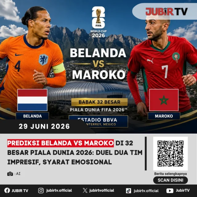 Belanda dan Maroko akan saling berhadapan pada babak 32 besar Piala Dunia 2026 dalam laga yang diprediksi berlangsung sengit. Kedua tim tampil impresif sejak fase grup, membuat duel ini menjadi salah satu pertandingan paling menarik di fase gugur.

Mampukah Belanda melanjutkan langkahnya menuju babak 16 besar, atau Maroko kembali menciptakan kejutan seperti di edisi sebelumnya?

📌 𝐈𝐧𝐟𝐨 𝐥𝐞𝐧𝐠𝐤𝐚𝐩𝐧𝐲𝐚 𝐜𝐞𝐤 𝐝𝐢 𝐬𝐭𝐨𝐫𝐲 & 𝐬𝐨𝐫𝐨𝐭𝐚𝐧

#jubirtv #jubirtvnewscom #belanda #maroko #pialadunia2026 #worldcup2026 #oranje #atlaslions #prediksibola #beritabola #fifaworldcup #sepakbola