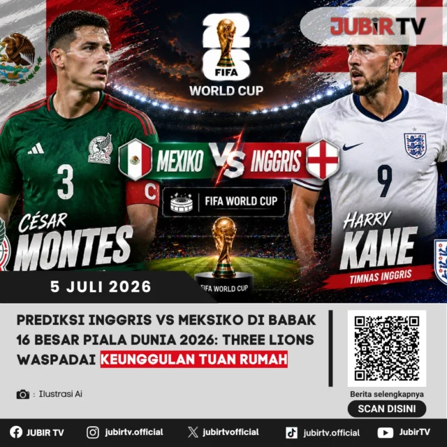 Inggris akan menghadapi tuan rumah bersama Meksiko pada babak 16 besar Piala Dunia 2026, Senin (6/7/2026) pukul 07.00 WIB. 

Pertandingan yang digelar di Meksiko ini diprediksi berlangsung sengit, mengingat kedua tim sama-sama tampil impresif sepanjang turnamen.
Bagi Inggris, laga ini juga memiliki makna historis. Three Lions kembali bermain di negara yang pernah menjadi saksi salah satu momen paling ikonik sekaligus menyakitkan dalam sejarah mereka di Piala Dunia. Kini, tim asuhan Thomas Tuchel datang dengan tekad menorehkan cerita yang berbeda.

📌 𝐈𝐧𝐟𝐨 𝐥𝐞𝐧𝐠𝐤𝐚𝐩𝐧𝐲𝐚 𝐜𝐞𝐤 𝐝𝐢 𝐬𝐭𝐨𝐫𝐲 & 𝐬𝐨𝐫𝐨𝐭𝐚𝐧

#jubirtv #jubirtvnewscom #sukabumi #kabupatensukabumi #meksiko #inggris #pialadunia2026