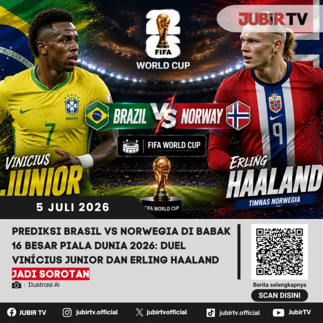 Brasil akan menghadapi Norwegia pada babak 16 besar Piala Dunia 2026, dalam laga yang diprediksi berlangsung sengit pada Senin (6/7/2026) pukul 03.00 WIB. Tim Samba memang lebih diunggulkan untuk melaju ke perempat final, namun ancaman dari mesin gol Norwegia, Erling Haaland, membuat pasukan Carlo Ancelotti tidak boleh lengah.

Brasil memastikan tiket ke babak 16 besar setelah menyingkirkan Jepang dengan kemenangan dramatis 2-1. Tim Samba sempat tertinggal lebih dahulu melalui gol Kaishu Sano sebelum Casemiro menyamakan kedudukan. Gabriel Martinelli kemudian menjadi pahlawan lewat gol kemenangan pada menit-menit akhir pertandingan.

📌 𝐈𝐧𝐟𝐨 𝐥𝐞𝐧𝐠𝐤𝐚𝐩𝐧𝐲𝐚 𝐜𝐞𝐤 𝐝𝐢 𝐬𝐭𝐨𝐫𝐲 & 𝐬𝐨𝐫𝐨𝐭𝐚𝐧

#jubirtv #jubirtvnewscom #sukabumi #kabupatensukabumi #prediksi #pialadunia #vinicius #haaland