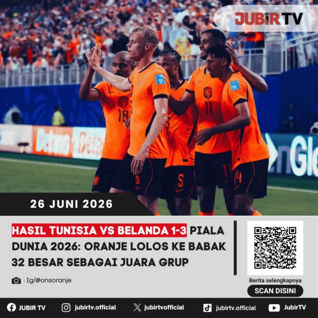 Belanda memastikan langkah ke babak 32 besar Piala Dunia 2026 sebagai juara grup usai mengalahkan Tunisia dengan skor 3-1. Penampilan solid Oranje membuat mereka menutup fase grup dengan hasil meyakinkan dan mengamankan posisi puncak klasemen.

Meski Tunisia sempat memberikan perlawanan, Belanda mampu tampil lebih efektif hingga mengunci kemenangan penting. Bagaimana jalannya pertandingan dan siapa saja yang menjadi penentu kemenangan Oranje?

📌 𝐈𝐧𝐟𝐨 𝐥𝐞𝐧𝐠𝐤𝐚𝐩𝐧𝐲𝐚 𝐜𝐞𝐤 𝐝𝐢 𝐬𝐭𝐨𝐫𝐲 & 𝐬𝐨𝐫𝐨𝐭𝐚𝐧

#jubirtv #jubirtvnewscom #belanda #tunisia #oranje #pialadunia2026 #worldcup2026 #sepakbola #beritabola #fifaworldcup #footballnews #timnasbelanda