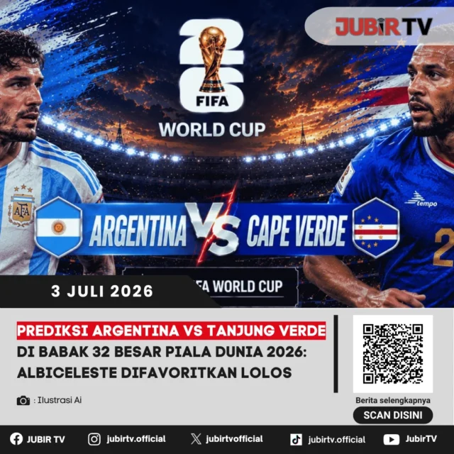 Argentina diunggulkan untuk mengamankan tiket ke babak 16 besar saat menghadapi Tanjung Verde pada babak 32 besar Piala Dunia 2026. Berbekal status juara bertahan dan materi pemain yang lebih berpengalaman, Albiceleste diprediksi mampu mengendalikan jalannya pertandingan meski tetap harus mewaspadai semangat juang lawannya.

Tanjung Verde datang sebagai salah satu tim kejutan di turnamen ini dan bertekad menciptakan sensasi dengan menyingkirkan favorit juara. Mampukah Argentina memenuhi ekspektasi atau justru Tanjung Verde kembali membuat kejutan di fase gugur?

📌 𝐈𝐧𝐟𝐨 𝐥𝐞𝐧𝐠𝐤𝐚𝐩𝐧𝐲𝐚 𝐜𝐞𝐤 𝐝𝐢 𝐬𝐭𝐨𝐫𝐲 & 𝐬𝐨𝐫𝐨𝐭𝐚𝐧

#jubirtv #jubirtvnewscom #argentina #tanjungverde #albiceleste #pialadunia2026 #worldcup2026 #prediksibola #fifaworldcup #beritabola #footballnews #sepakbola