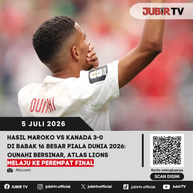 Maroko memastikan langkah ke perempat final Piala Dunia FIFA 2026 setelah menundukkan tuan rumah bersama Kanada dengan skor telak 3-0 pada laga Babak 16 Besar yang berlangsung di Houston Stadium, Minggu (5/7/2026) 00.00 WIB.

Azzedine Ounahi menjadi bintang kemenangan Atlas Lions lewat dua gol yang dicetaknya di babak kedua, sementara Soufiane Rahimi melengkapi pesta kemenangan Maroko pada masa injury time.

Hasil ini membuat Maroko kembali menembus babak perempat final untuk dua edisi Piala Dunia secara beruntun, setelah sebelumnya mencetak sejarah sebagai tim Afrika pertama yang mencapai semifinal pada edisi Qatar 2022.

📌 𝐈𝐧𝐟𝐨 𝐥𝐞𝐧𝐠𝐤𝐚𝐩𝐧𝐲𝐚 𝐜𝐞𝐤 𝐝𝐢 𝐬𝐭𝐨𝐫𝐲 & 𝐬𝐨𝐫𝐨𝐭𝐚𝐧

#jubirtv #jubirtvnewscom #sukabumi #kabupatensukabumi #maroko #pialadunia2026