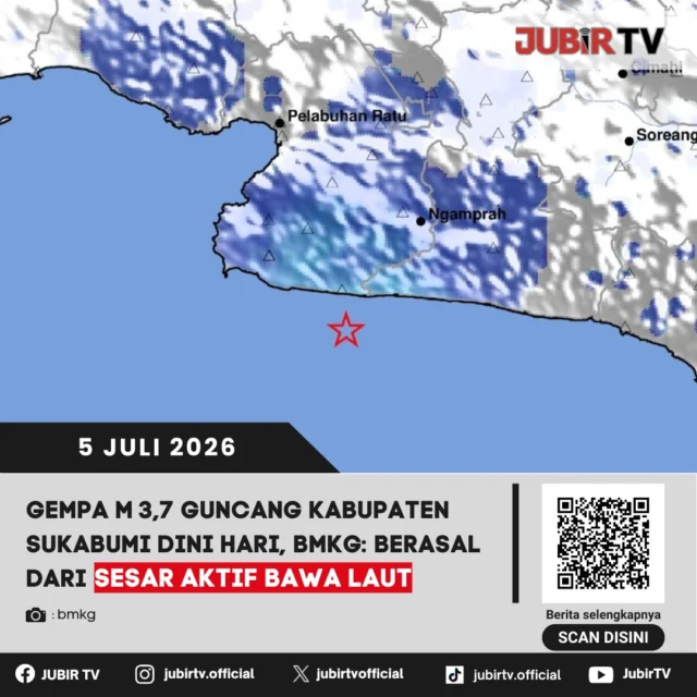 empa bumi tektonik berkekuatan Magnitudo (M) 3,7 mengguncang wilayah Kabupaten Sukabumi, Jawa Barat, pada Minggu (5/7/2026) pukul 03:54:52 WIB. Getaran gempa dirasakan di sejumlah wilayah selatan Sukabumi, namun hingga pagi hari belum dilaporkan adanya kerusakan bangunan maupun aktivitas gempa susulan.
Kepala Balai Besar Meteorologi Klimatologi dan Geofisika (BBMKG) Wilayah II Tangerang, Hartanto mengatakan hasil analisis BMKG menunjukkan gempa memiliki magnitudo 3,7 dengan episenter berada di laut, sekitar 63 kilometer tenggara Kabupaten Sukabumi, Jawa Barat.

📌 𝐈𝐧𝐟𝐨 𝐥𝐞𝐧𝐠𝐤𝐚𝐩𝐧𝐲𝐚 𝐜𝐞𝐤 𝐝𝐢 𝐬𝐭𝐨𝐫𝐲 & 𝐬𝐨𝐫𝐨𝐭𝐚𝐧

#jubirtv #jubirtvnewscom #sukabumi #kabupatensukabumi #gempa #gempasukabumi #sesaraktif #bmkg