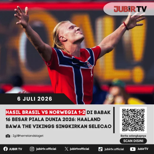 Norwegia menciptakan kejutan besar di babak 16 besar Piala Dunia 2026 dengan menyingkirkan Brasil lewat kemenangan 2-1. Erling Haaland menjadi pahlawan kemenangan The Vikings setelah mencetak gol penentu yang membawa negaranya melaju ke perempat final sekaligus mengakhiri langkah salah satu favorit juara.

Brasil sempat memberikan perlawanan sengit, namun Norwegia tampil disiplin dan efektif memanfaatkan peluang. Kemenangan ini menjadi salah satu hasil paling mengejutkan di fase gugur Piala Dunia 2026. Bagaimana jalannya pertandingan, peran Haaland, serta siapa lawan Norwegia di babak berikutnya?

📌 𝐈𝐧𝐟𝐨 𝐥𝐞𝐧𝐠𝐤𝐚𝐩𝐧𝐲𝐚 𝐜𝐞𝐤 𝐝𝐢 𝐬𝐭𝐨𝐫𝐲 & 𝐬𝐨𝐫𝐨𝐭𝐚𝐧

#jubirtv #jubirtvnewscom #brasil #norwegia #haaland #pialadunia2026 #worldcup2026 #thevikings #beritabola #fifaworldcup #footballnews #sepakbola