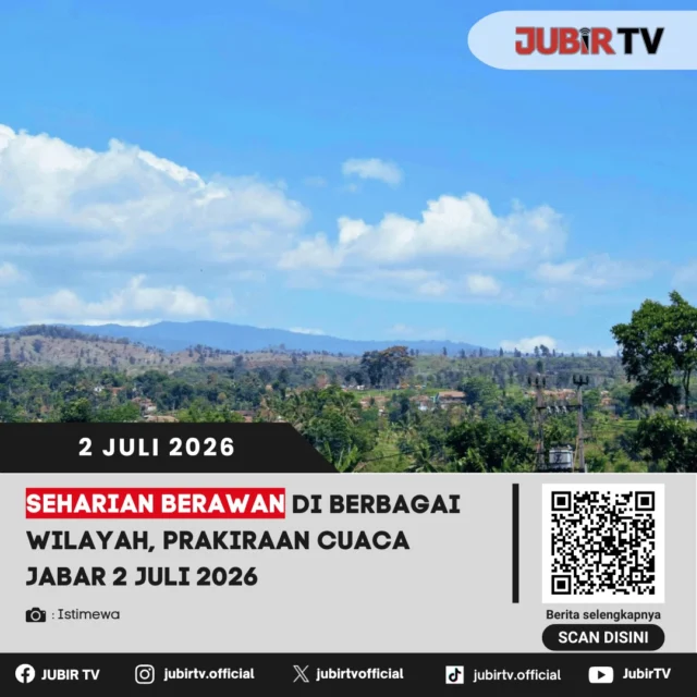 Sebagian besar wilayah Jawa Barat diprakirakan mengalami cuaca berawan hingga cerah berawan sepanjang Kamis (2/7). Meski cuaca relatif kondusif, masyarakat tetap diimbau mewaspadai potensi hujan ringan yang dapat terjadi secara lokal di sejumlah daerah pada siang hingga sore hari. 

Sebelum beraktivitas di luar ruangan, pastikan memantau prakiraan cuaca terbaru agar perjalanan tetap aman dan nyaman.

📌 𝐈𝐧𝐟𝐨 𝐥𝐞𝐧𝐠𝐤𝐚𝐩𝐧𝐲𝐚 𝐜𝐞𝐤 𝐝𝐢 𝐬𝐭𝐨𝐫𝐲 & 𝐬𝐨𝐫𝐨𝐭𝐚𝐧

#jubirtv #jubirtvnewscom #jawabarat #cuacajabar #prakiraancuaca #bmkg #infocuaca #cuacahariini #beritajabar #jawabarathariini #cuaca #infojabar